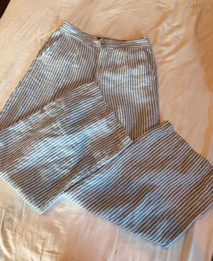 Tahari 100% Linen Blue White Striped Wide Leg Pants Size 8 thumbnail 1
