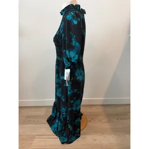 London Times Teal Black Floral Smocked Maxi Dress Puff Sleeve T6020M NWT Size 8 thumbnail 3
