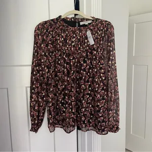 NWT Loft Shimmer Vine‎ Pleated Yoke Blouse Black Long Sleeve Top thumbnail 3