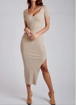 Meshki La Nia Tan Ribbed V Neck Short Sleeve Side Slit Fitted Midi Dress S thumbnail 10