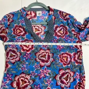 Cabi Floral V-Neck Shift Dress Sheer‎ Sleeve Blue XS 5612 thumbnail 9
