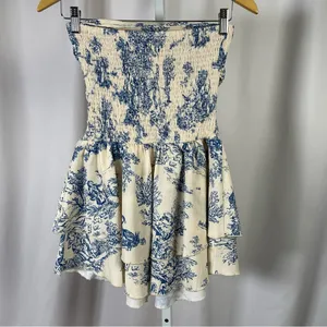 Cider XS Toile De Jouy Shirred Ruched Mini Dress Ruffle Retro thumbnail 2