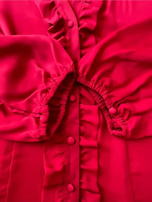 Jaclyn Smith Red Satin Ruffle Button Front 3/4 Balloon Sleeve Blouse Women’s M thumbnail 8