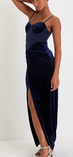 NWT Lulus Alluring Icon‎ Navy Blue Velvet Bustier Sleeveless Maxi Dress LARGE thumbnail 1