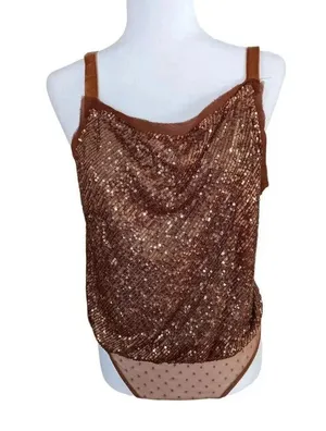 New Free People Sequin Bodysuit Size Medium Bronze Boho NYE thumbnail 1