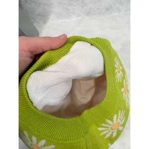 Wild Fable Lime Green‎ Daisy Floral Knit Beret Hat Fleece Lined One Size thumbnail 4