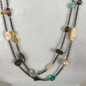 Multicolor Multi Shape Beaded Gold Tone Chain Long Layering Necklace Green thumbnail 3