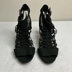 Vince Camuto Black Suede Cage Lace Up Block Heel Sandals Women thumbnail 2
