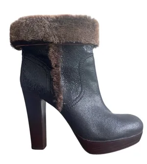 Tory Burch Shearling Cuffed Platform Booties Metallic Leather Fur Trim 8 thumbnail 1
