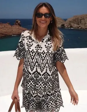 Zara Contrast Embroidered Button Up Shit in Black and White thumbnail 1