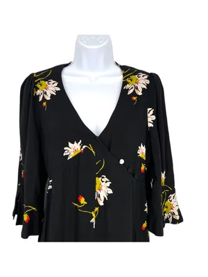 Free People Time On My Side Floral Wrap Mini Dress Black Whimsygoth Size XS thumbnail 2
