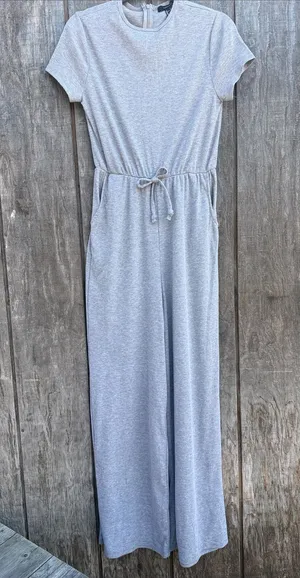 Forever 21 Light Gray Short-Sleeve Knit Wide Leg Jumpsuit Elastic Waistband S thumbnail 1
