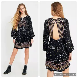 Free People Coryn Black Cherry Print Open Back Long Sleeve Mini Dress Size 12 thumbnail 2