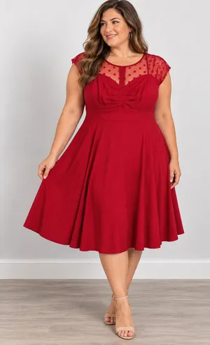 Torrid Red Polka Dot Mesh Yoke Fit and Flare Midi Dress Size 14 Retro Style thumbnail 1