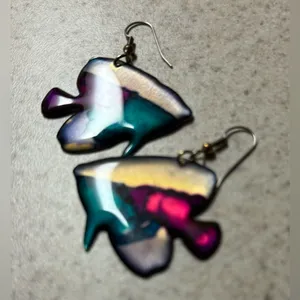 Vintage Nautical Iridescent Tropical Fish Dangle Earrings | Abstract Art Jewelry thumbnail 5
