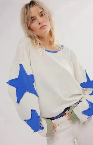Amazon Women's White Knit Pullover Sweater Crew Neck Blue Star Sleeves L thumbnail 1