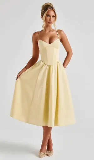 NWT Babyboo Mariella Lemon Yellow Lace Up Corset Fit & Flare Midi Dress Size XS thumbnail 1