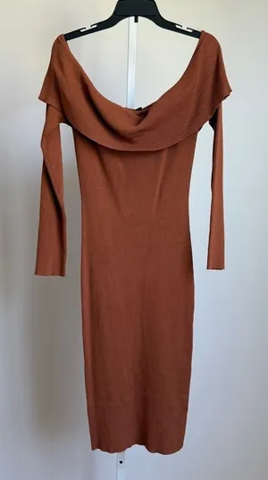 Hera Collection‎ Dress 2XL Brown Off-shoulder ribbed knit midi dress NWT thumbnail 1