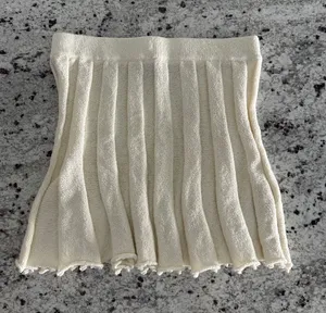 Free People Cream Solid Cream Ribbed Knit Pleated Flounce Mini Skirt S Small thumbnail 1