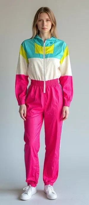 Neon 80s Colorblock Windbreaker Jumpsuit Womens Small Retro Pink Teal Zip Up thumbnail 1