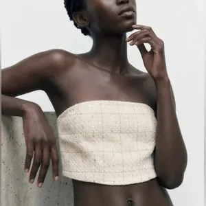 Zara Tweed Metallic Sequin Tube Top Cream Gold Evening Classic Glam Strapless- M thumbnail 1