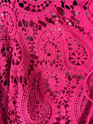 Vici Fuchsia Paisley Lace Crochet Long Sleeve Swim Cover-Up Mini Dress Front Tie thumbnail 7