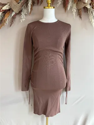 Long Sleeve Side Ruched Midi Dress with Side Slit in Taupe thumbnail 4