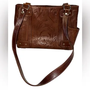 Vintage • Beautiful Embossed Leather Shoulder Bag • Made in Paraguay thumbnail 3