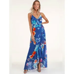 Lulus NWT Women Large Royal Blue Ladean Floral Print Ruffled Wrap Maxi Dress thumbnail 4