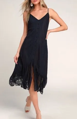 NWT Lulus Zahria Navy Blue Lace Button Front Midi Dress - Size Large thumbnail 1