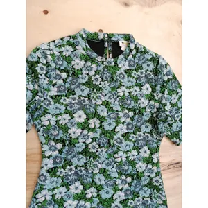 Maeve Anthropologie Floral High Neck Top Blue Green Jacquard Short Sleeve Small thumbnail 2