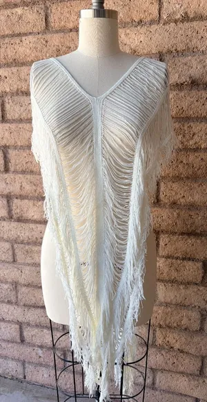 Amazon | White Knit Fringe Tassel Swim Coverup | L thumbnail 1