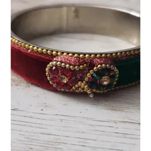 Vintage Bracelet / Bangle Red & Green Gold Tone Edging 2.25" Inside Width Small thumbnail 3
