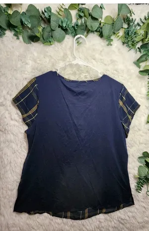 ✨ Van Heusen Women’s Plaid Short Sleeve Blouse Navy & Yellow thumbnail 2