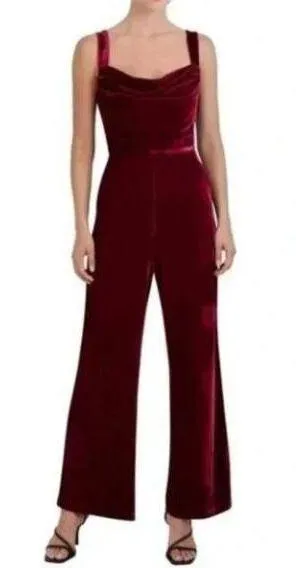 NEW BCBG Paris Burgundy Wine Velvet Jumpsuit Holiday Vampire Fall Wide Leg thumbnail 1