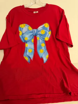 Comfort Colors Red Short Sleeve Tee with Blue Bow & Yellow Softball Print thumbnail 1