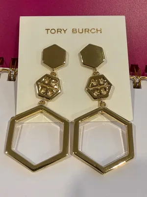 Tory Burch | Gold Plated Triple-Hexagon Drop Earrings | Large & Lightweight thumbnail 1