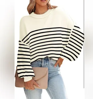 ♥️Trendy Striped Oversized Sweater♥️ ~med White thumbnail 3