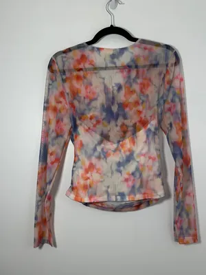 Anthropologie Long Sleeve Crossover Mesh Blouse Size S Multicolor Boho Top thumbnail 6
