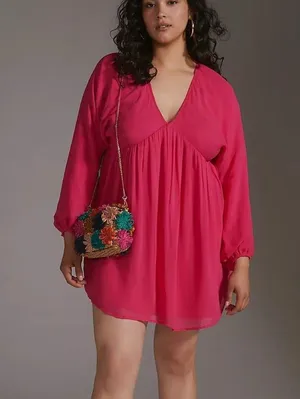 NEW Anthropologie Flowy Hot Pink Mini Dress Summer Cut Out Babydoll Empire thumbnail 3