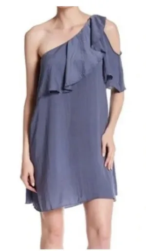 Spirit Of Grace Ruffled One Shoulder Sheath Mini Dress Sz M Satin Blue Flouncy thumbnail 1