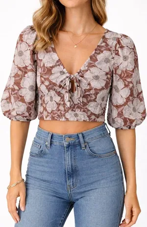 Abercrombie & Fitch Floral Cropped Y2K Blouse in Brown & White - Size Medium thumbnail 1
