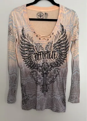 Affliction Nicolette L/S Rhinestone Cross & Wings T-Shirt Women's Size‎ Small thumbnail 1