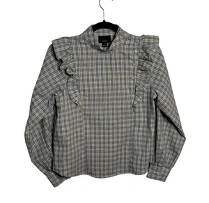 Lumiere Prairie Blouse Long Sleeve Ruffled Shoulder Buttons Plaid Size Small EUC thumbnail 1