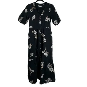Soma XS Gaux Long maxi dress floral black button down Puff Sleeve 100% Cotton thumbnail 3