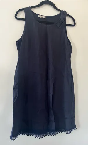 100% Linen Navy Blue Mini Shift Dress Small Lace Hem Euro Summer Coastal thumbnail 1