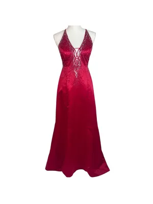 Dave & Johnny VTG Red A-Line Satin Corset Beaded Gown 9/10 Strappy Prom Vampire thumbnail 2