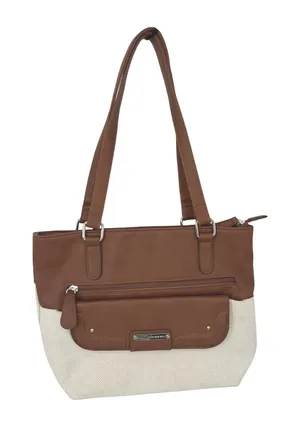 Stone Mountain Tote Bag‎ Purse Brown Ivory Canvas Faux Leather Shoulder Bag thumbnail 1