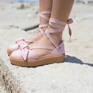 Puma x‎ Fenty by Rihanna Pink Bow Lace Up Leather Creeper Platform Sandals thumbnail 3