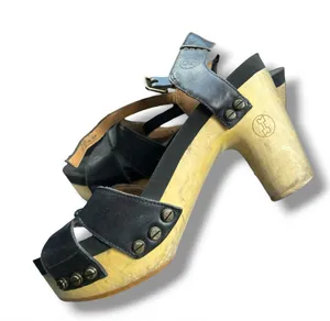 Flogg Heeled Sandals Platform Clog Sandal in Black and Natural Wood Shoes Scandi thumbnail 1